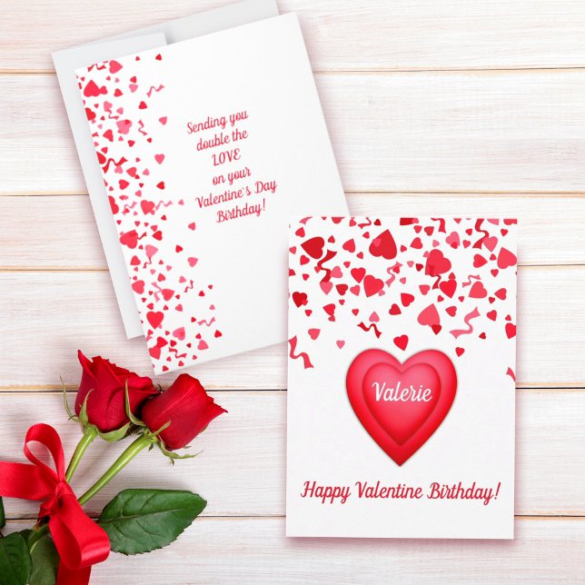 Valentine Birthday Modern Red Confetti Hearts  Card (Valentine's Birthday Note Card with fun red confetti hearts design that you can personalize..)