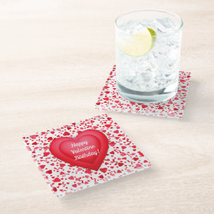 Valentine Birthday Red Confetti Heart Personalised Glass Coaster