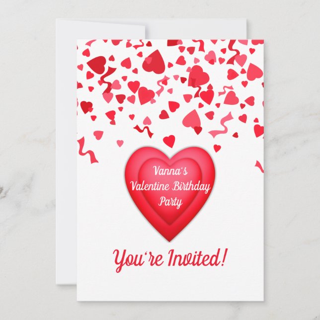 Valentine Birthday Red Confetti Heart Personalised Invitation (Front)