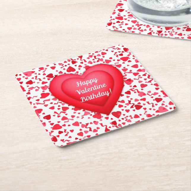 Valentine Birthday Red Confetti Heart Personalised Square Paper Coaster (Angled)