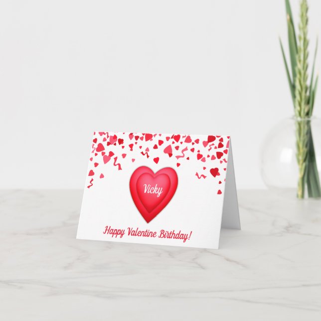 Valentine Birthday Red Confetti Hearts Folded Note Card (Front)
