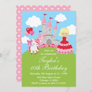 Valentine Blonde Hair Princess Unicorn Birthday Invitation