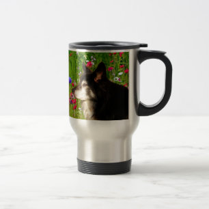 Valentine Border Collie with beautiful flowers Travel Mug