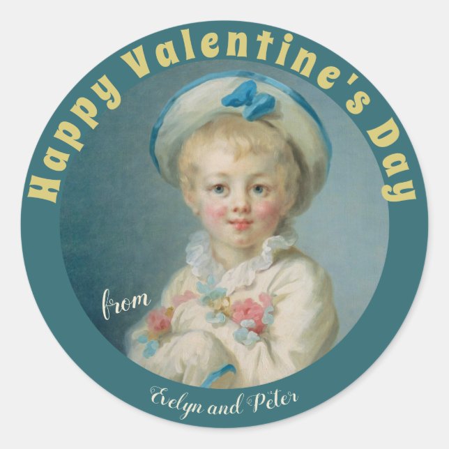 Valentine Boy flowers Fragonard Pierrot CC1075 Classic Round Sticker (Front)