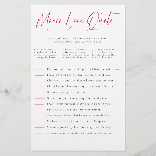 Valentine Bridal Shower Game Match Movie Quotes  Flyer (Front)
