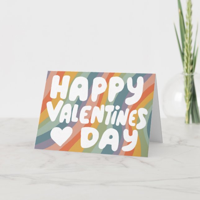 Valentine Bubble Letters Muted Rainbow Stripes Card (Front)