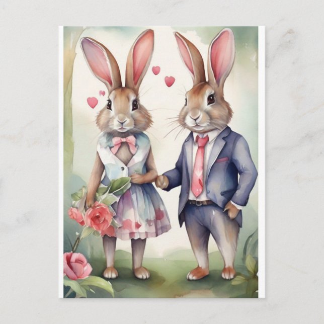 Valentine Bunnies in blue Postcard (Front)