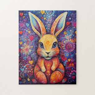 Valentine Bunny Flowers hearts purple Jigsaw Puzzle