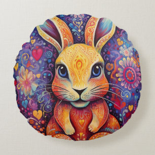 Valentine Bunny Flowers hearts purple Round Cushion