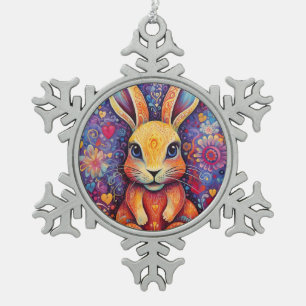 Valentine Bunny Flowers hearts purple Snowflake Pewter Christmas Ornament