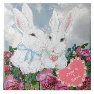 Valentine Bunny Rabbits Rose Custom Romantic Ceramic Tile