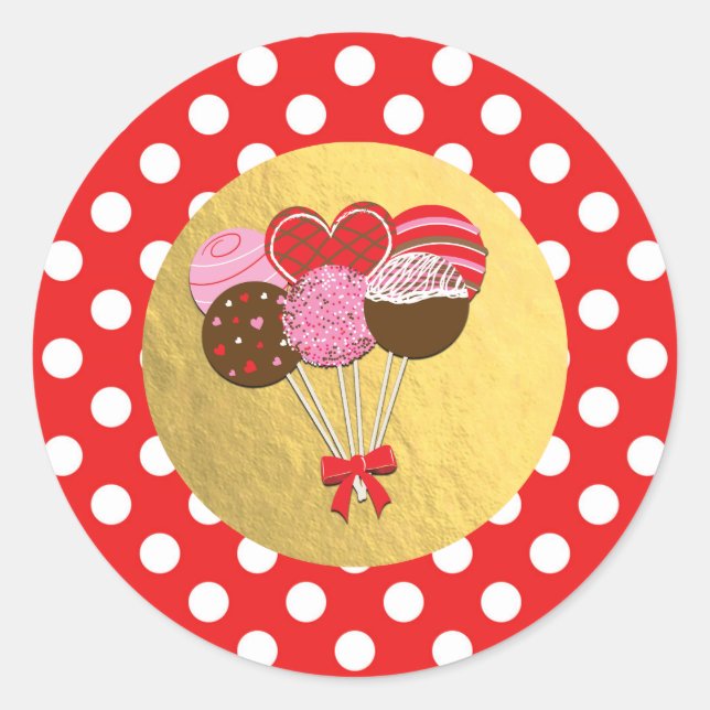 Valentine Cake Pops Cakepops Red Polka Dots favour Classic Round Sticker (Front)