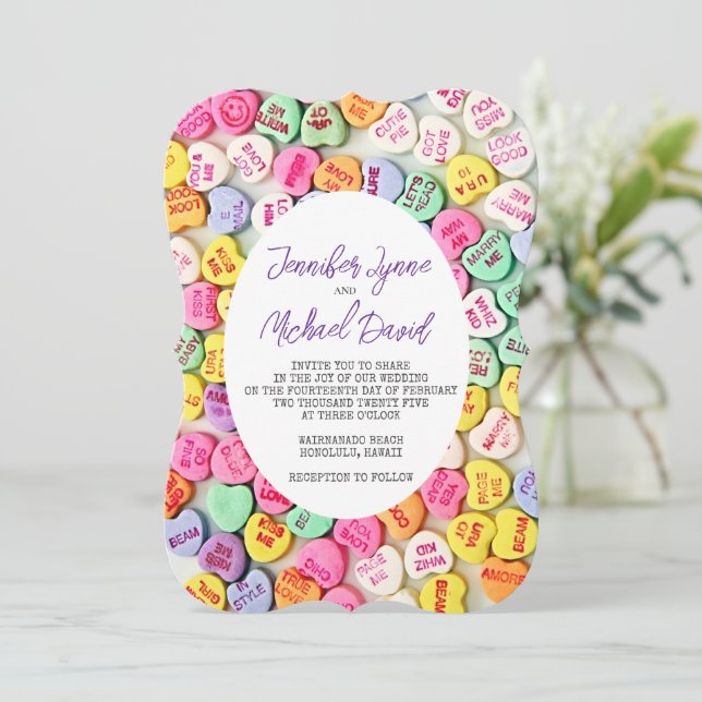 Valentine Candy Hearts Wedding Invitation (Standing Front)