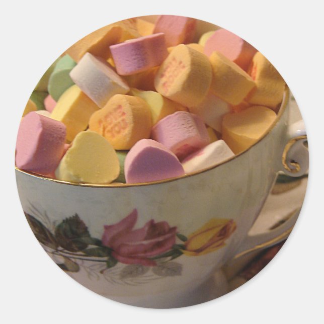Valentine Candy in Teacup Classic Round Sticker (Front)