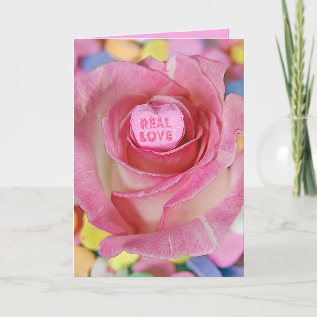 Valentine candy sweetheart in pink rose card (Front)