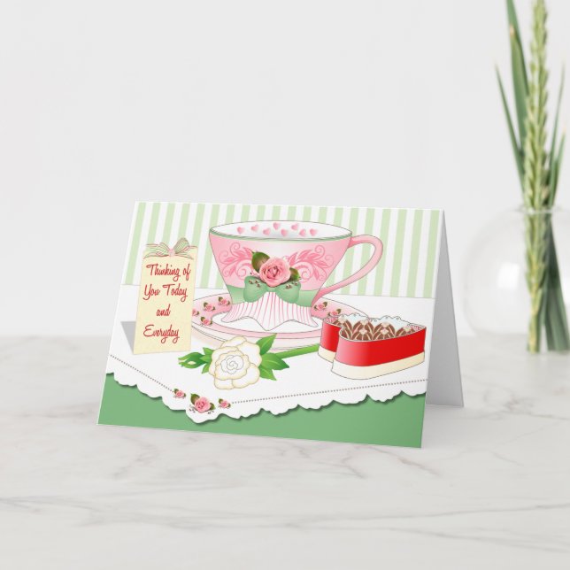 Valentine Card - Tea Cup, Box of Chocolates & Rose (Front)