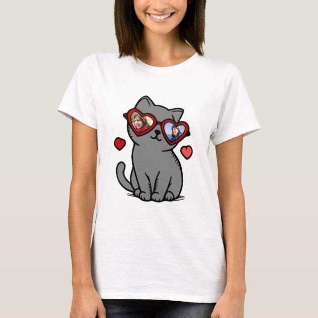 Valentine Cat Heart Shaped Glasses Custom Photos T-Shirt (Front)