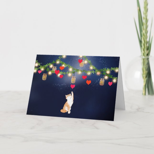 Valentine Cat with Hearts and Mason Jars Card (Front)