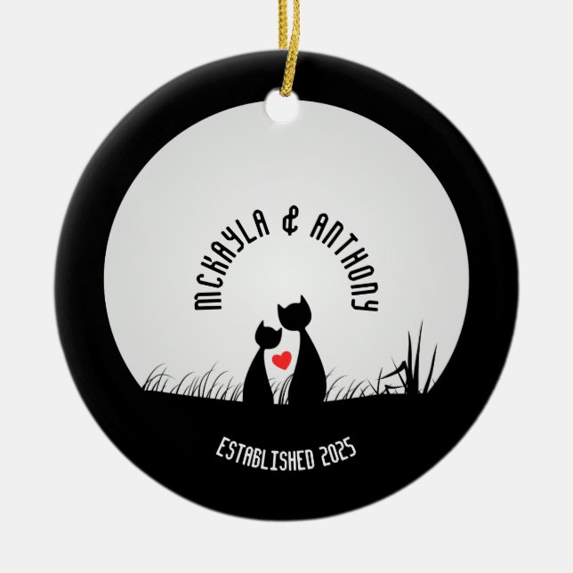 Valentine Cats Red Heart Moon Silhouette Couple Ceramic Ornament (Front)