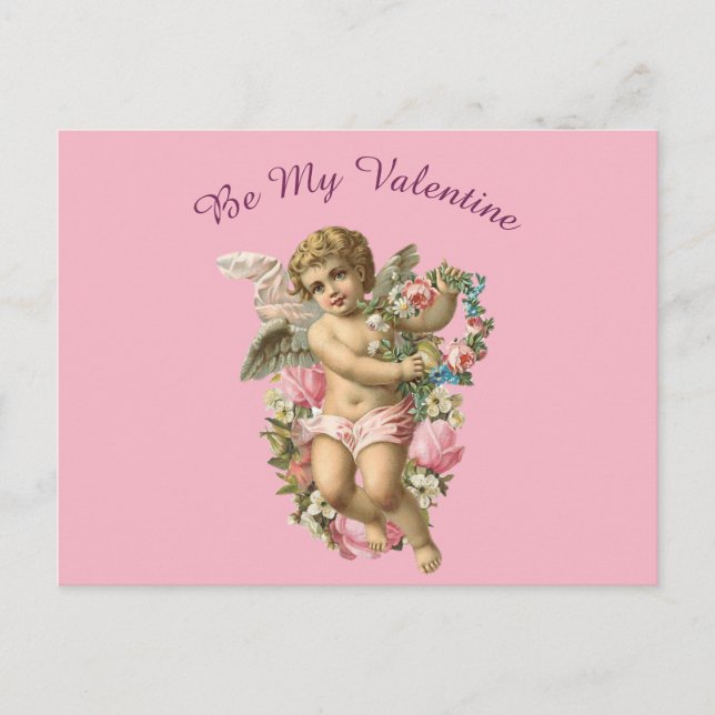 Valentine Cherub With Flowers On A Pink Background Postcard (Front)