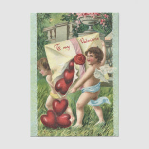 Valentine Cherubs with Envelope of Red Hearts Tissue Paper