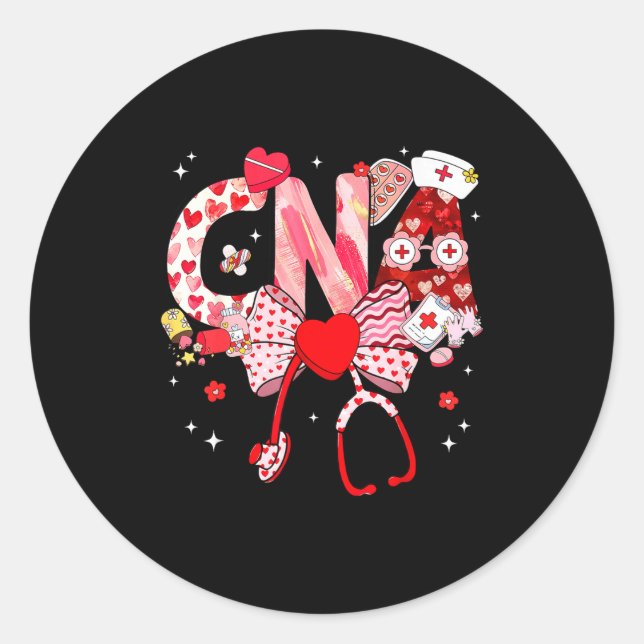 Valentine Cna Nurse Coquette Bow Stethoscope Girl  Classic Round Sticker (Front)