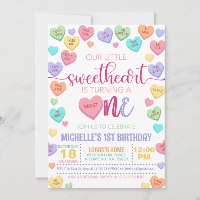  Valentine Conversation Hearts 1st Birthday Invitation (Front)
