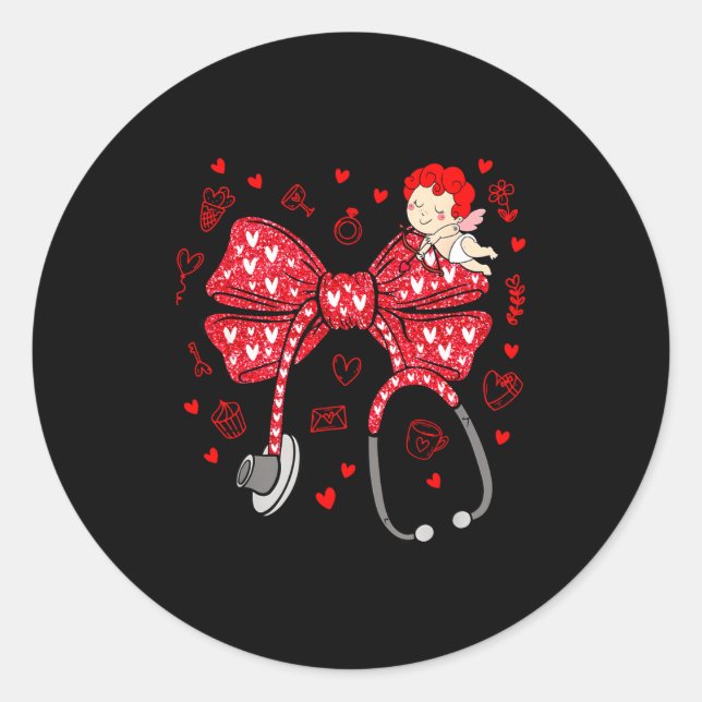 Valentine Coquette Bow Nurse Stethoscope Nursing D Classic Round Sticker (Front)