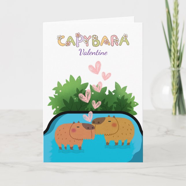 Valentine Couple Capybara Swimming in Water  Card (Front)