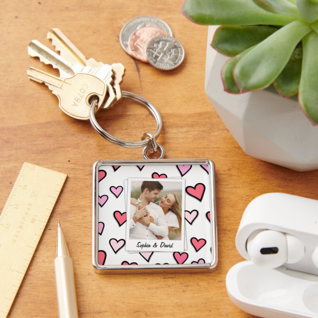 Valentine Couple Custom Photo Monogram Heart Shape Key Ring (Desk)