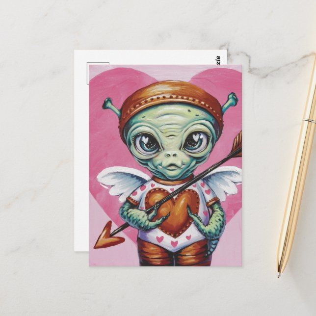 Valentine Cupid Alien Postcard (Front/Back In Situ)