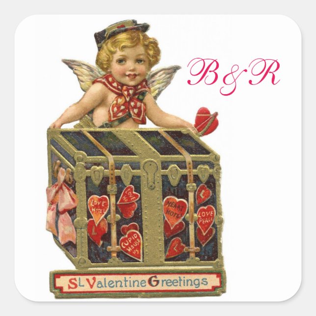 VALENTINE CUPID AND COFFER FULL OF HEARTS MONOGRAM SQUARE STICKER (Front)