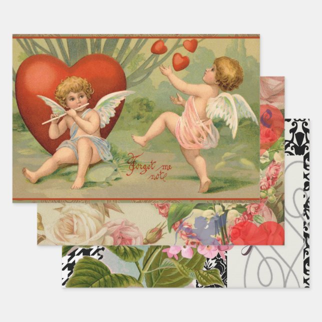 Valentine Cupids Love Antique Vintage Wrapping Paper Sheet (Set)
