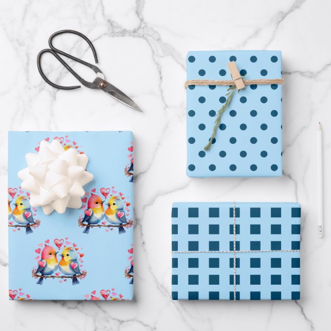 Valentine cute birds dots square pattern blue wrapping paper sheet (Front)