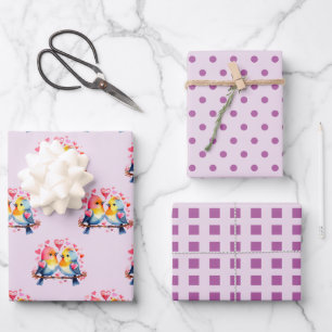 Valentine cute birds dots square pattern purple wrapping paper sheet