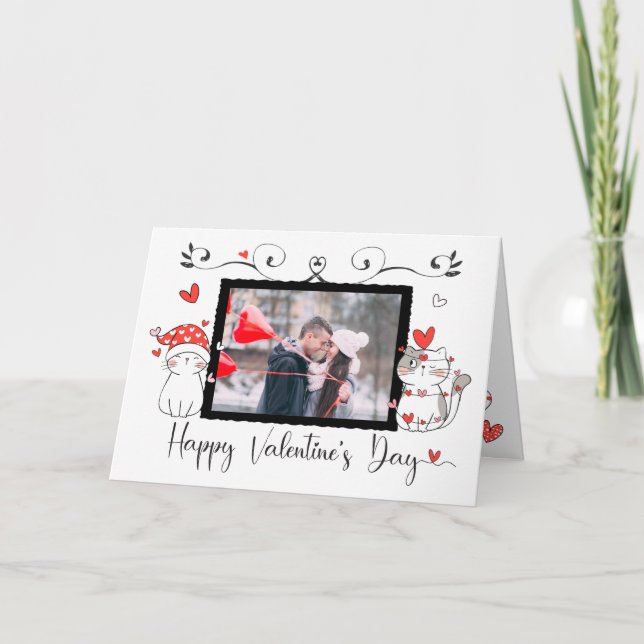 Valentine Cute Cat Hearts Custom Photo Card (Front)