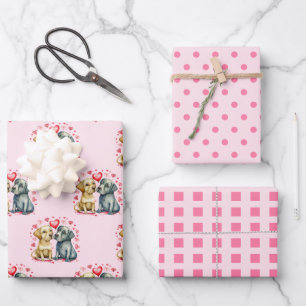 Valentine cute dogs dots square pattern pink wrapping paper sheet