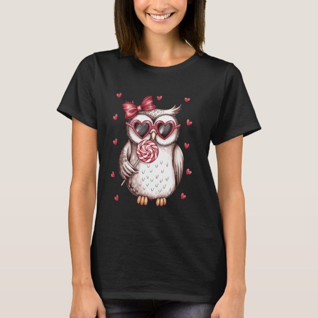 Valentine Cute Owl Lover Licking Lollipop T-Shirt (Front)