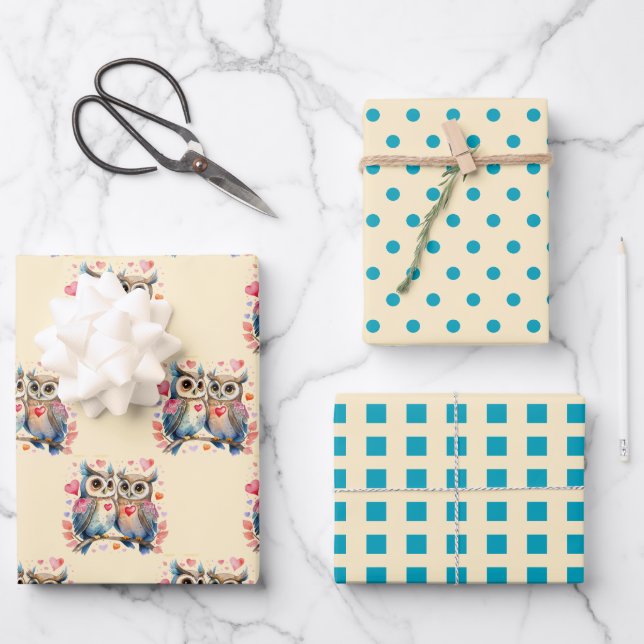 Valentine cute owls dots square pattern turquoise wrapping paper sheet (Front)