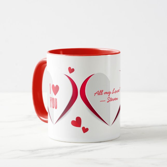 Valentine Cute Paper Hearts Personalised Mug (Front Left)