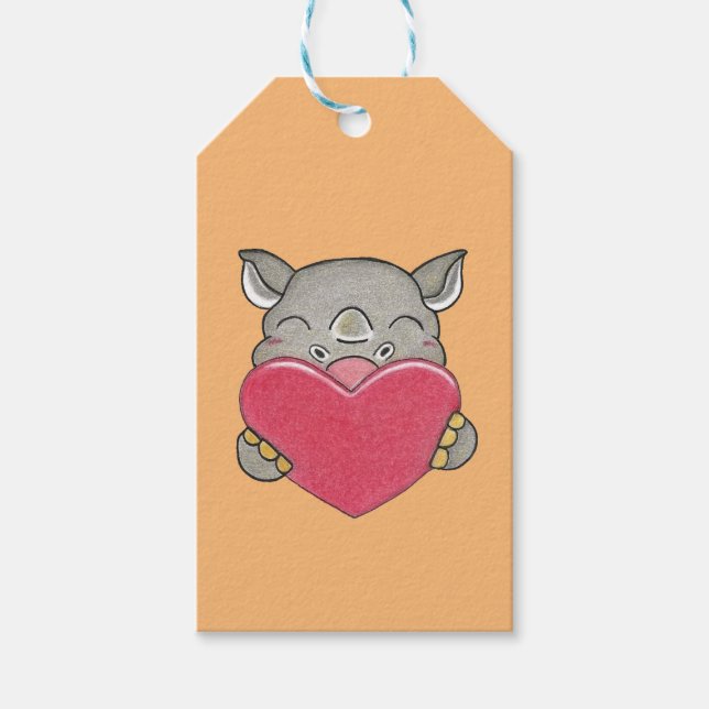 Valentine Cute Rhino Cartoon Heart Gift Tag (Front)