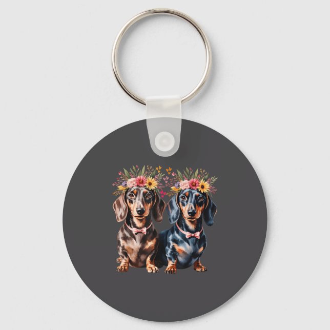 Valentine Dachshund Matching Couple Love Floral Do Key Ring (Front)