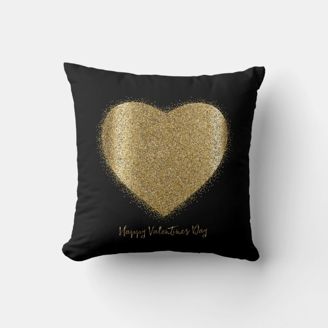 Valentine Day Gold Dust Heart on Black Background Cushion (Front)