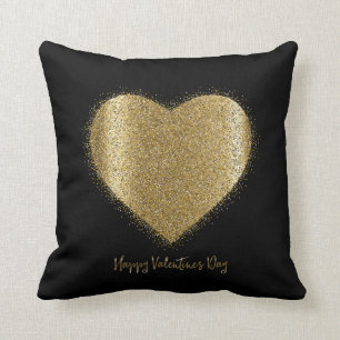 Valentine Day Gold Dust Heart on Black Background Cushion