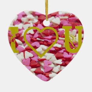 Valentine Day I Heart U in Pink White and Red Ceramic Tree Decoration
