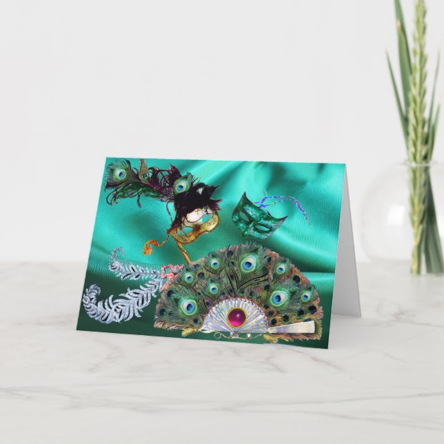 VALENTINE DAY MASQUERADE MASKS,PEACOCK FEATHER FAN HOLIDAY CARD (Front)