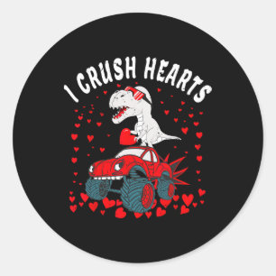 Valentine Day Monster Truck Dinosaur I Crush Heart Classic Round Sticker