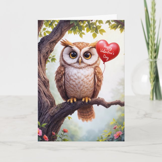Valentine Day Owl With Heart Balloon Card (Front)