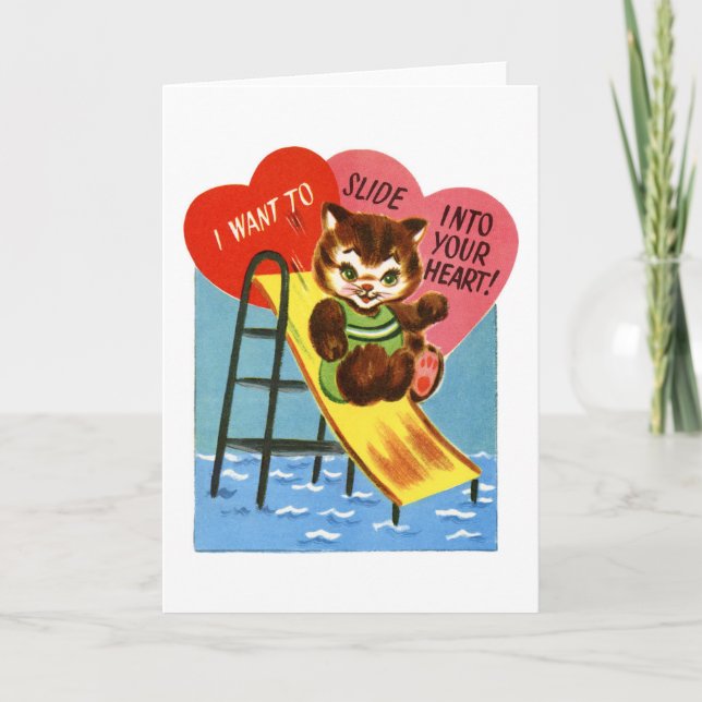 Valentine Day Retro Kitten Playing Holiday Card (Front)