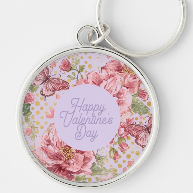 Valentine Days,Elegant,Purple Peach Flowers Patter Key Ring (Front)